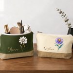 Personalized Gem Birth Flower Linen Patch Canvas Makeup Bag with Name Birthday Wedding Gift for Besties Bridesmaids
