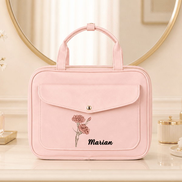 Personalised Birth Flower Waterproof Foldable PU Leather Travel Toiletry Bag with Name Daily Use Birthday Gift for Traveller  Friend