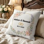 Personalised Faux Embroidered Print Wedding Rings Soft Cushion Cover with Name and Date Wedding Anniversary Gift for Couples Newlyweds