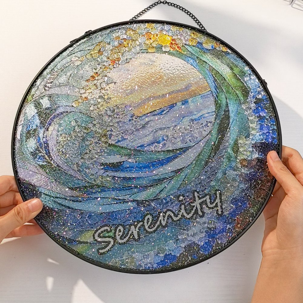 Personalized Ocean Wave Sunrise Stained Glass Acrylic Hanging Suncatcher with Text Home Decor Birthday Gift for Family Friends 4