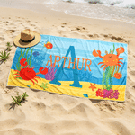 Personalized Cute Sea Creature Oversized Quick Dry Beach Towel with Name and Initial Summer Vacation Beach Party Birthday Gift for Boys Girls