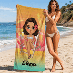 Personalised Sunset Cartoon Character Magnetic Quick-Drying Beach Towel with Name Beach Party Summer Vacation Gift for Kid Family