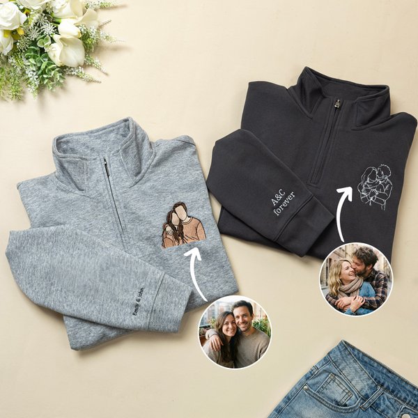 Maglietta personalizzata con foto di coppia ricamata Felpa con cappuccio con zip a quarto di dollaro con testo Regalo di compleanno e anniversario di matrimonio per coppia