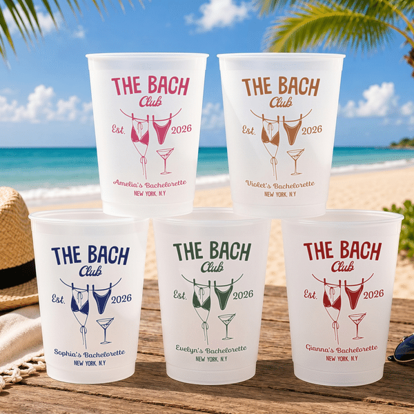 Personalized The Bach Club Bikini Cocktail Frosted Plastic Cups with Name and Text Set of 10 Bachelorette Party Favor Gift for Bride Bridesmaid