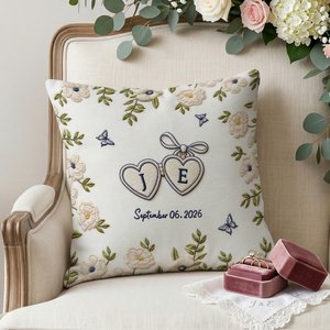 Personalised Faux Embroidered Print Love Heart Floral Soft Pillow Cover with Initials and Date Home Decor Wedding Engagement Gift for Newlyweds