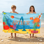 Personalized Cute Sea Creature Oversized Quick Dry Beach Towel with Name and Initial Summer Vacation Beach Party Birthday Gift for Boys Girls