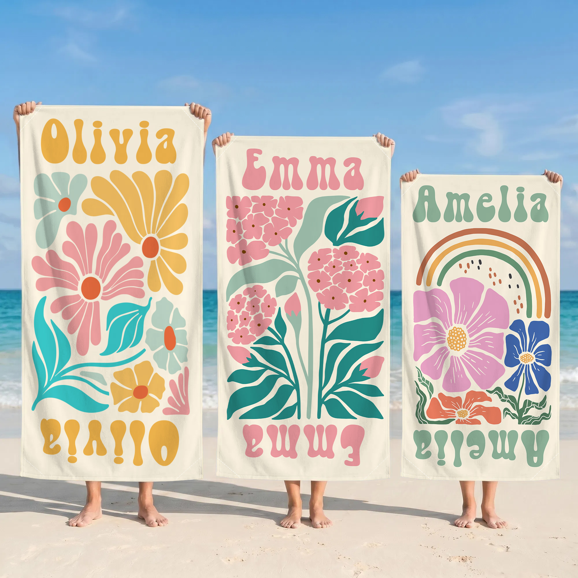 Personalisiertes großes Retro-Blumen Magnet-Strandtuch | mit Namen | schnelltrocknend | Outdoor Handtuch | Urlaub Geburtstag Geschenk für Frauen