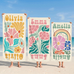 Personalised Retro Floral Oversized Quick Dry Magnetic Beach Towel with Name Summer Vacation Beach Party Birthday Gift for Girls Friends