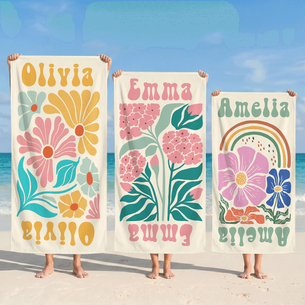 Personalised Retro Floral Oversized Quick Dry Magnetic Beach Towel with Name Summer Vacation Beach Party Birthday Gift for Girls Friends
