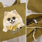 Borsa shopper personalizzata in velluto a coste con foto di animale ad acquerello e nome, capiente - Regalo di compleanno per amanti di animali