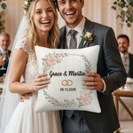 Personalised Faux Embroidered Print Wedding Rings Soft Cushion Cover with Name and Date Wedding Anniversary Gift for Couples Newlyweds