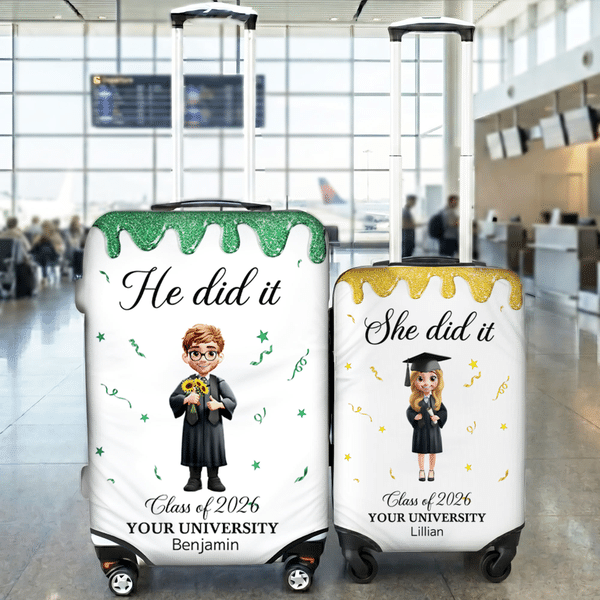Personalized Cartoon Character Luggage Cover Fits 18-32 Inches Suitcase with Name Year School Name Travel Essentials Graduation Gift for Graduates