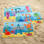 Personalized Cute Sea Creature Oversized Quick Dry Beach Towel with Name and Initial Summer Vacation Beach Party Birthday Gift for Boys Girls