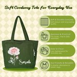 Bolso tote vintage de pana de gran capacidad con flor del mes de nacimiento personalizada y nombre; regalo de boda o cumpleaños para una amiga de la novia
