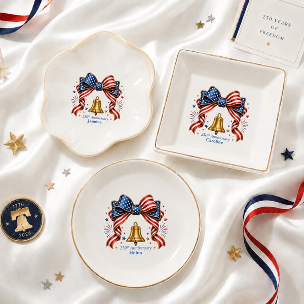 Personalised National Flag Bow Liberty Bell Ceramic Trinket Jewellery Dish with Name Home Decor USA 250th Anniversary Gift for Women
