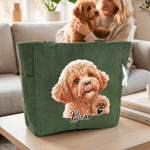 Borsa shopper personalizzata in velluto a coste con foto di animale ad acquerello e nome, capiente - Regalo di compleanno per amanti di animali