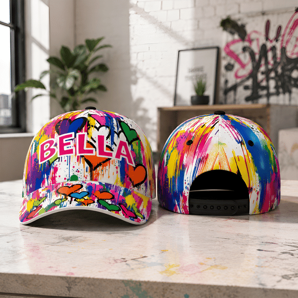 Personalised Multicolor Heart Graffiti Baseball Cap with Name Birthday Gift for Men Women