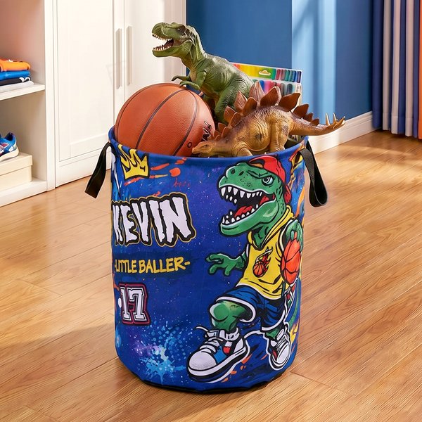 Personalized Graffiti Basketball Dinosaur Large Waterproof Name Number Laundry Storage Basket with Handle Daily Use Birthday Gift for Boy