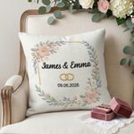 Personalised Faux Embroidered Print Wedding Rings Soft Cushion Cover with Name and Date Wedding Anniversary Gift for Couples Newlyweds