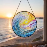 Personalised Ocean Wave Sunrise Stained Glass Acrylic Hanging Suncatcher with Text Home Decor Birthday Gift for Family Friends