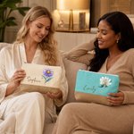 Personalized Gem Birth Flower Linen Patch Canvas Makeup Bag with Name Birthday Wedding Gift for Besties Bridesmaids
