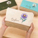 Personalized Gem Birth Flower Linen Patch Canvas Makeup Bag with Name Birthday Wedding Gift for Besties Bridesmaids