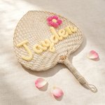 Personalized Flower Natural Woven Palm Leaf Hand Fan with Name Daily Use Birthday Wedding Gift for Bridesmaid Friend