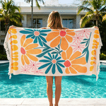 Gepersonaliseerd, kleurrijk strandlaken met bloemenprint, sneldrogend en extra groot, met kwastje en naam – het perfecte cadeau voor een strandfeest of zomervakantie voor meisjes en vrouwen