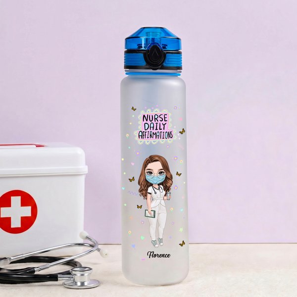 Personalised Nurse Daily Affirmations 32oz Water Bottle Scale Line Design Water Tracker Bottle Medical Graduate Accessory Nurse Week Appreciation Gift
