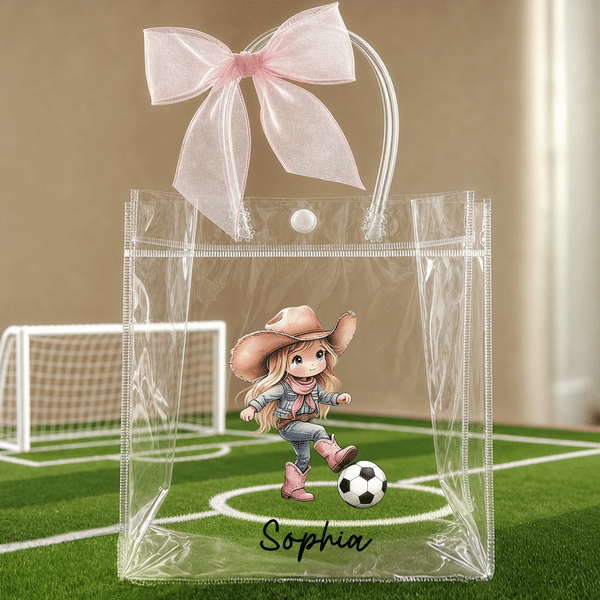 Personalised Cartoon Soccer Cowgirl Cowboy Clear Gift Bag with Name Daily Use Birthday Gift for Kids Socccer Lovers