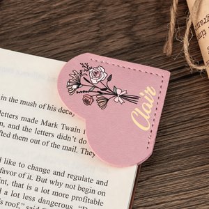 Personalised Pink Bow Birth Flower PU Leather Heart Bookmark with Name Birthday Anniversary Gift for Book Lovers Bookworms