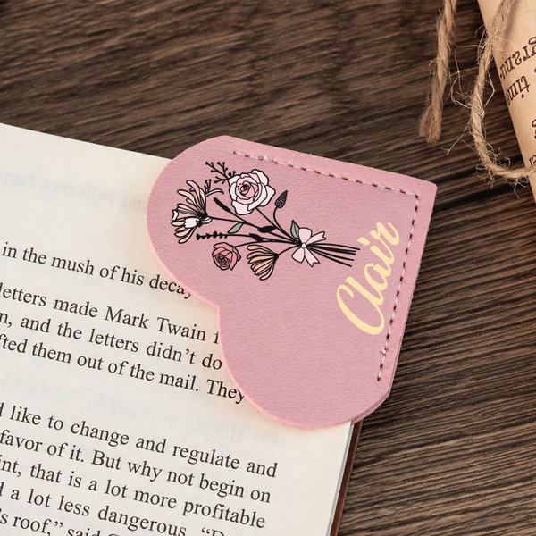 Personalized Pink Bow Birth Flower PU Leather Heart Bookmark with Name Birthday Anniversary Gift for Book Lovers Bookworms