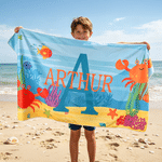 Personalized Cute Sea Creature Oversized Quick Dry Beach Towel with Name and Initial Summer Vacation Beach Party Birthday Gift for Boys Girls