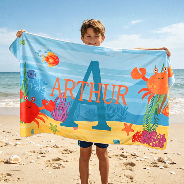 Personalized Cute Sea Creature Oversized Quick Dry Beach Towel with Name and Initial Summer Vacation Beach Party Birthday Gift for Boys Girls