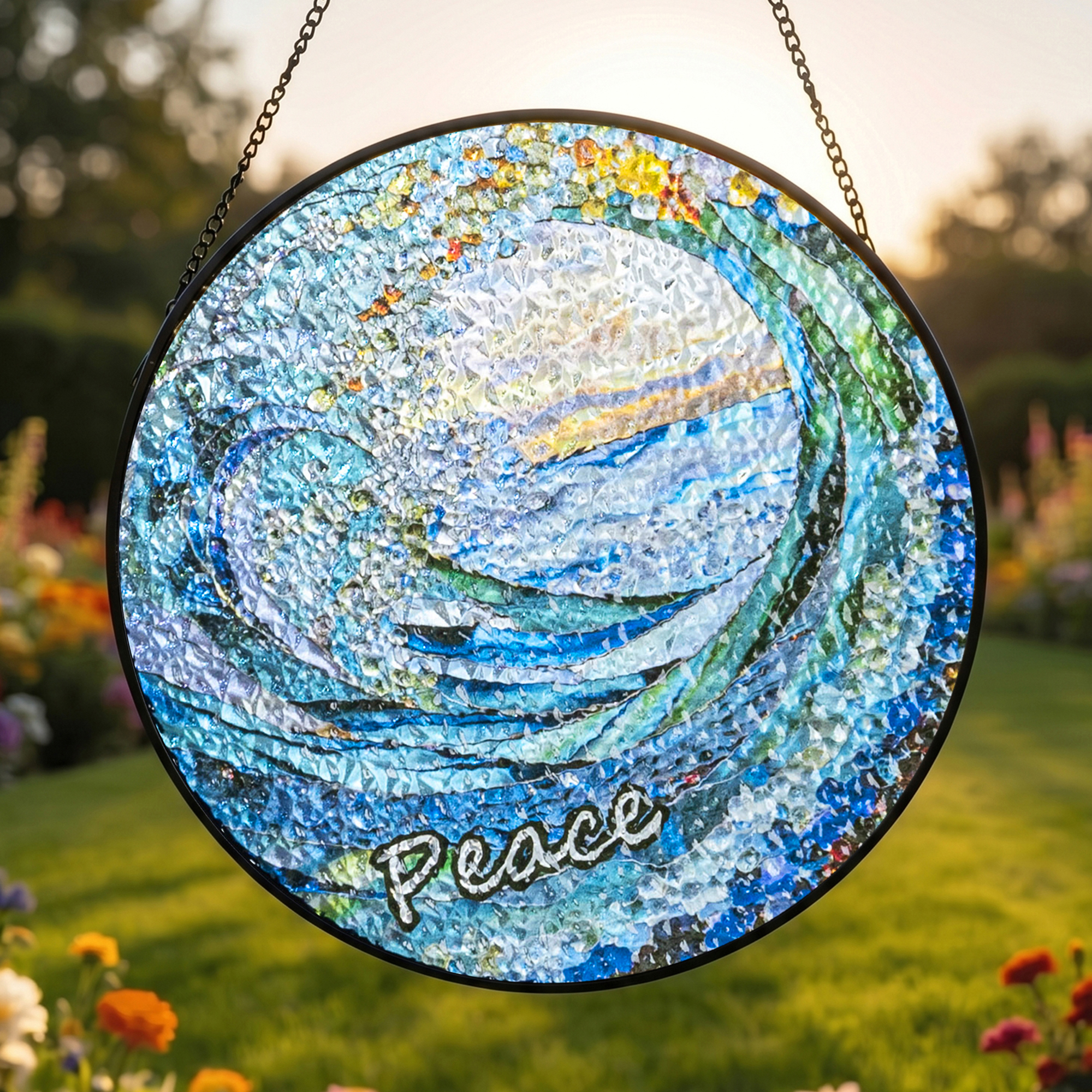 Personalisierter Acryl-Suncatcher mit Meerwellen- und Sonnenaufgangsmotiv, mit Text – Wohnaccessoire und Geburtstagsgeschenk für Familie und Freunde