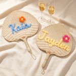 Personalized Flower Natural Woven Palm Leaf Hand Fan with Name Daily Use Birthday Wedding Gift for Bridesmaid Friend