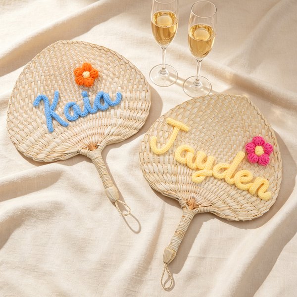 Personalized Flower Natural Woven Palm Leaf Hand Fan with Name Daily Use Birthday Wedding Gift for Bridesmaid Friend