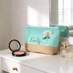 Personalized Gem Birth Flower Linen Patch Canvas Makeup Bag with Name Birthday Wedding Gift for Besties Bridesmaids