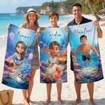 Personalised Cute 3D Diving Character Sea Animal Quick Dry Oversized Microfiber Beach Towel with Name Beach Party Birthday Gift for Kids Adults