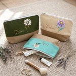 Personalized Gem Birth Flower Linen Patch Canvas Makeup Bag with Name Birthday Wedding Gift for Besties Bridesmaids