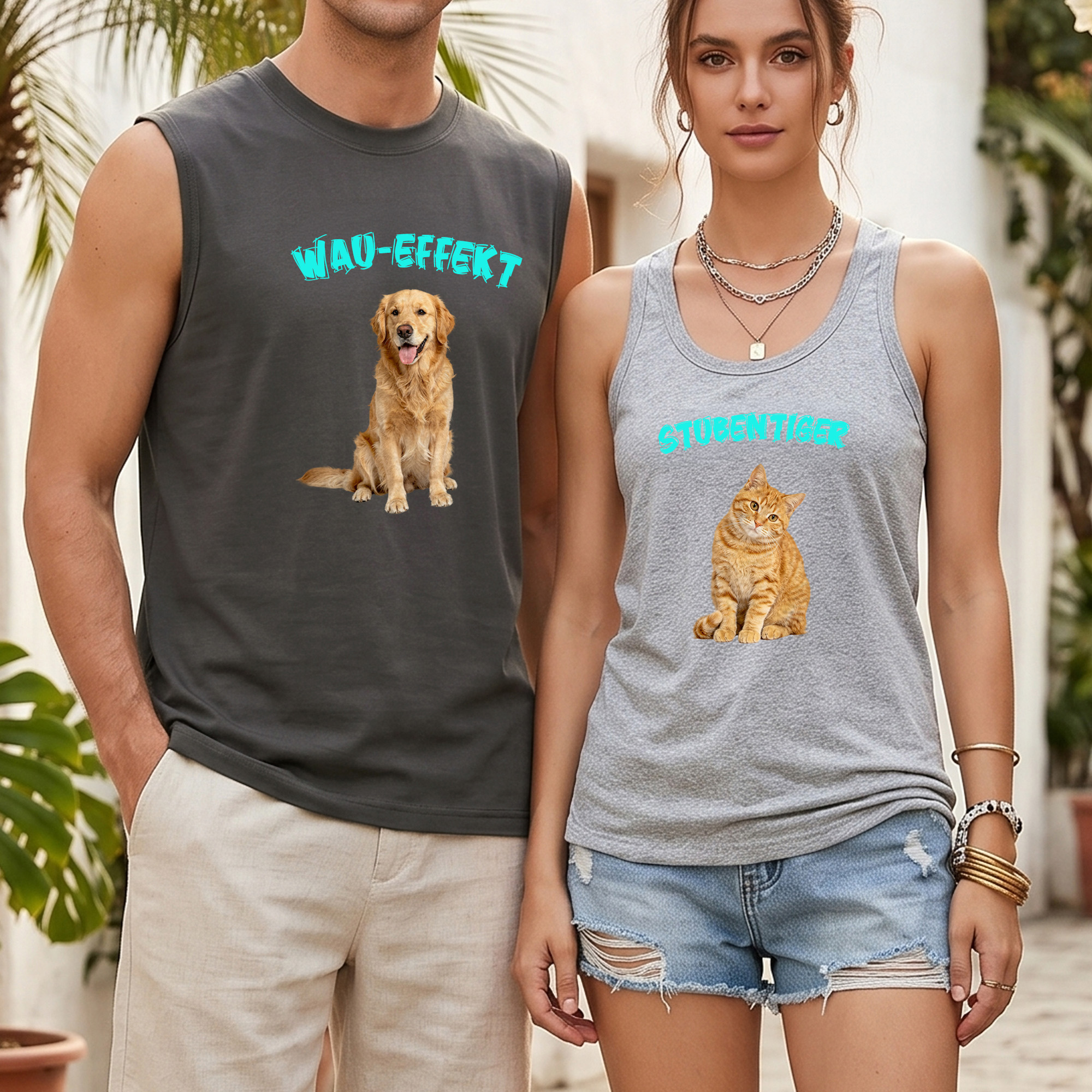 Personalisiertes Haustier-Foto Tanktop mit Wunschtext | Damen Modal | Herren 100% Baumwolle | Ärmelloses Shirt | Sommer Geschenk für Herrchen Frauchen