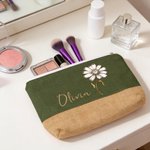 Personalized Gem Birth Flower Linen Patch Canvas Makeup Bag with Name Birthday Wedding Gift for Besties Bridesmaids