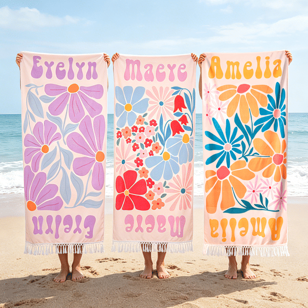 Personalised Colourful Flower Quick-Drying Oversized Beach Towel with Tassel and Name Beach Party Summer Vacation Gift for Girl Woman