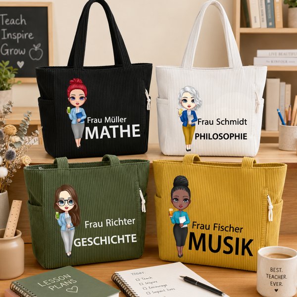 Personalisierte Cartoon-Lehrer große Tragetasche | aus Cord | mit Text und Studienfach | Schulanfang Geburtstag Geburtstag Geschenk für Lehrkräfte