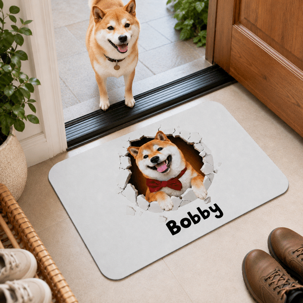 Personalised Pet Photo Bursting through the Wall Non-Slip Door Mat with Name Daily Use Housewarming Birthday Gift for Pet Lover