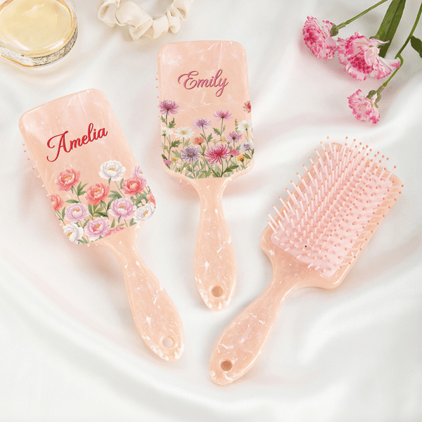 Personalised Watercolour Birth Flower Hair Brush with Name Anniversary Birthday Daily Use Gift for Women Friends Family