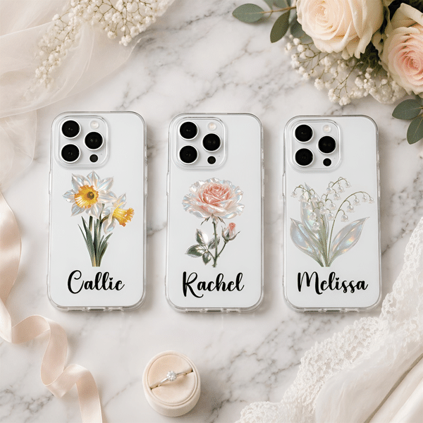 Personalised Birth Flower Phone Case for iPhone with Name Wedding Use Birthday Bachelorette Party Gift for Besties Friends Bride
