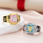 Personalised Birthstone Graduation Symbol Initial Class Sterling Silver Ring with Text and Year Dainty Jewellery Graduation Ceremony Gift for Graduates