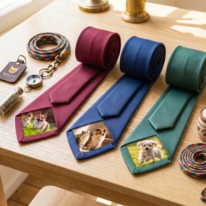 Personalized Pet Photo Patch Tie with Name and Gift Box Birthday Anniversary Father's Day Gift for Man Pet Lover