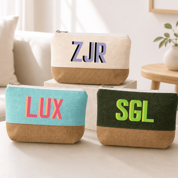 Personalized Double-Colour Shadow Monogram Linen Patch Canvas Makeup Bag Bridal Shower Birthday Wedding Gift for Besties Bridesmaids
